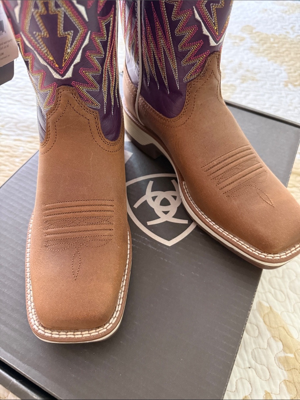 Ariat Brown Leather Cowboy Boots with Purple Embroidered Shaft - Picture 5 of 6